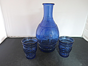 Vintage Cobalt Blue Juice Carafe Bottle And 2 Juice Glasses 3pc