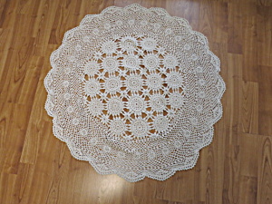 Vintage Handmade Crochet 31 1/2 Round Beige Doily Table Topper