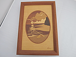 Artist Signed Nelson Wood Inlay Picture Sunset Seagull
