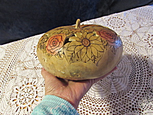 Scroll Cut Wood Burnt And Painted Gourd Box Dish