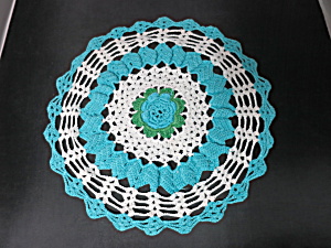 Vintage Crochet Round Doily 3 D Turquoise Green And White 14 Inch