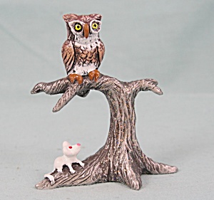 Image Pewter Miniature Painted Owl On Tree W/mouse