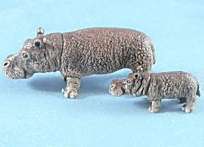 Hippopotamus Mom And Baby Pewter Image Miniature