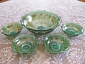 Green Carnival Glass Diamond Lace 5 Pc. Berry Set