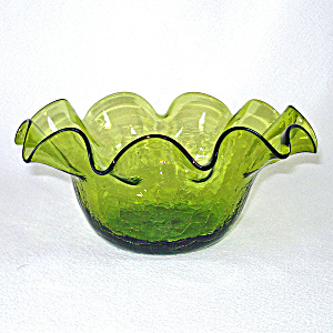 Olive Green Crackle Glass Ruffled Bowl