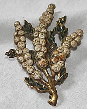 Antique Enameled Brooch Floral Sprig & Leaves