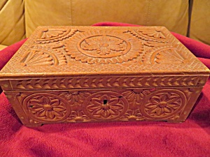 Carved Vintage Box With Thread Spools
