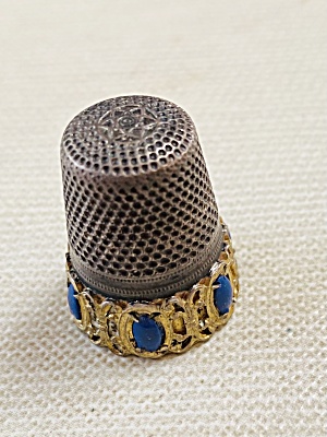 Vintage Sterling Gold Band Lapis Lazuli Accent Thimble