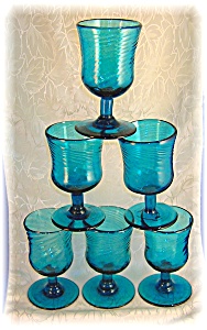 6 Hand Blown Blue Glass Footed Cordial Glasses . .