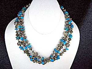 Silver Turquoise 3 Strands Necklace 18 Inch