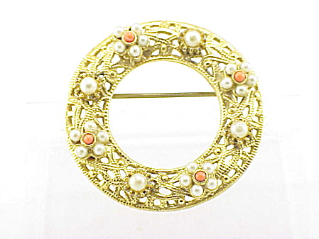 Gold Tone Filigree Faux Pearl And Coral Brooch