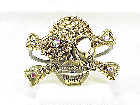 Chunky Bronze Rhinestone Skull And Cross Bones Pirate Clamp Bracelet